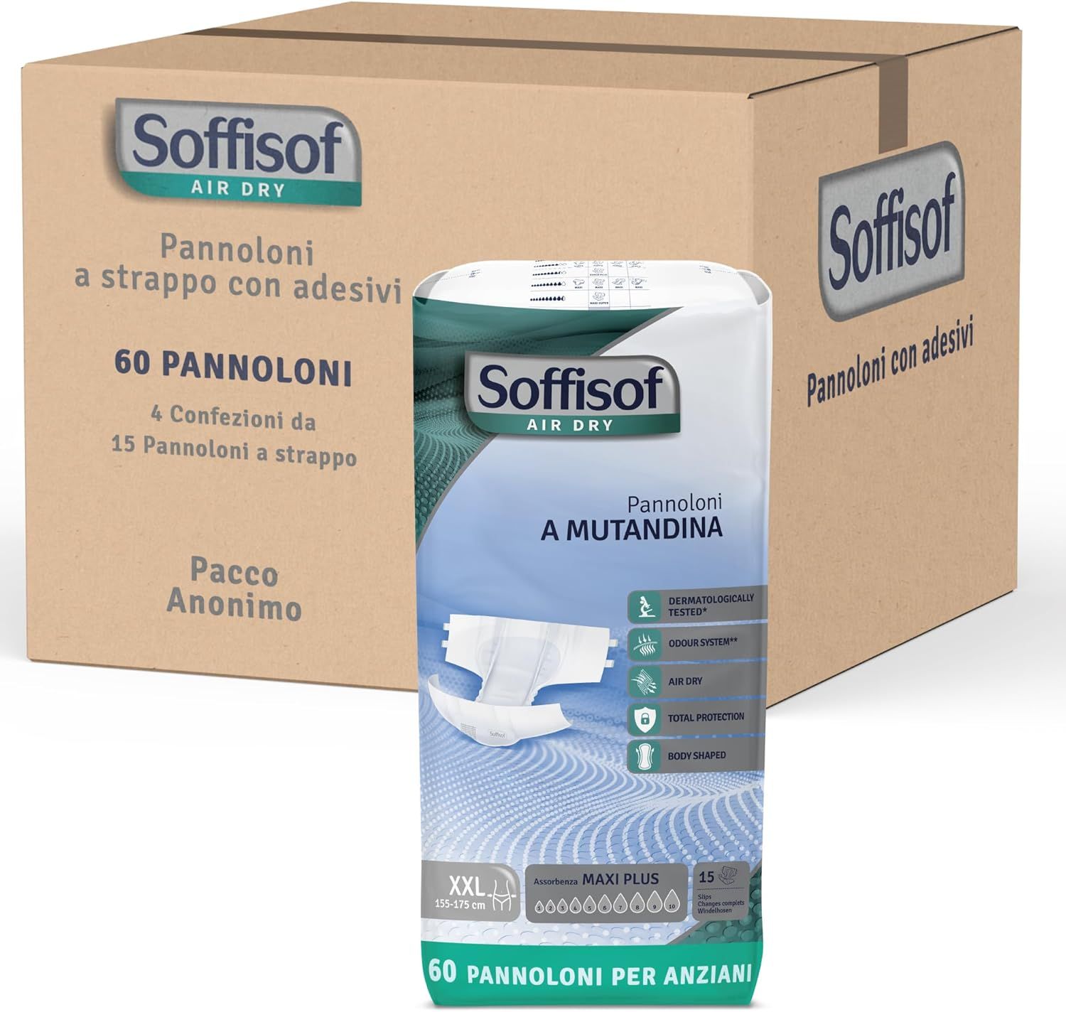 Confezione di pannoloni Soffisof Air Dry Maxi Plus per adulti. 60 pezzi. Scatola con confezioni.