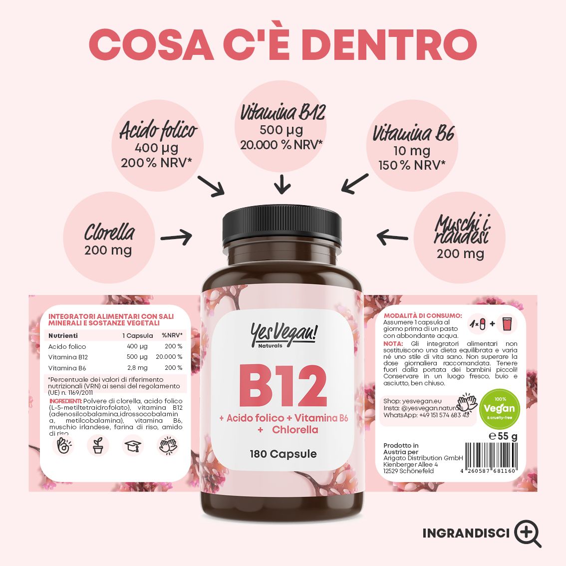 Infografica sulla facilità d'uso di 180 capsule vegane.
