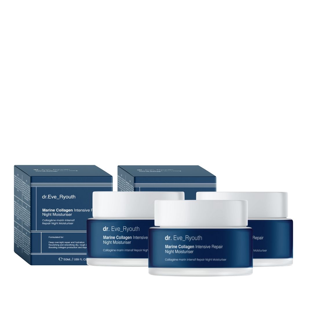 Tre vasetti e due scatole. Sui vasetti si legge "dr. Eve_Ryouth Marine Collagen Intensive Repair Night Moisturiser".