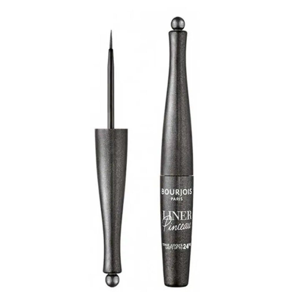 Eyeliner nero con applicatore a pennello. Flacone con tappo sferico. Scritta: Bourjois Liner Pinceau.