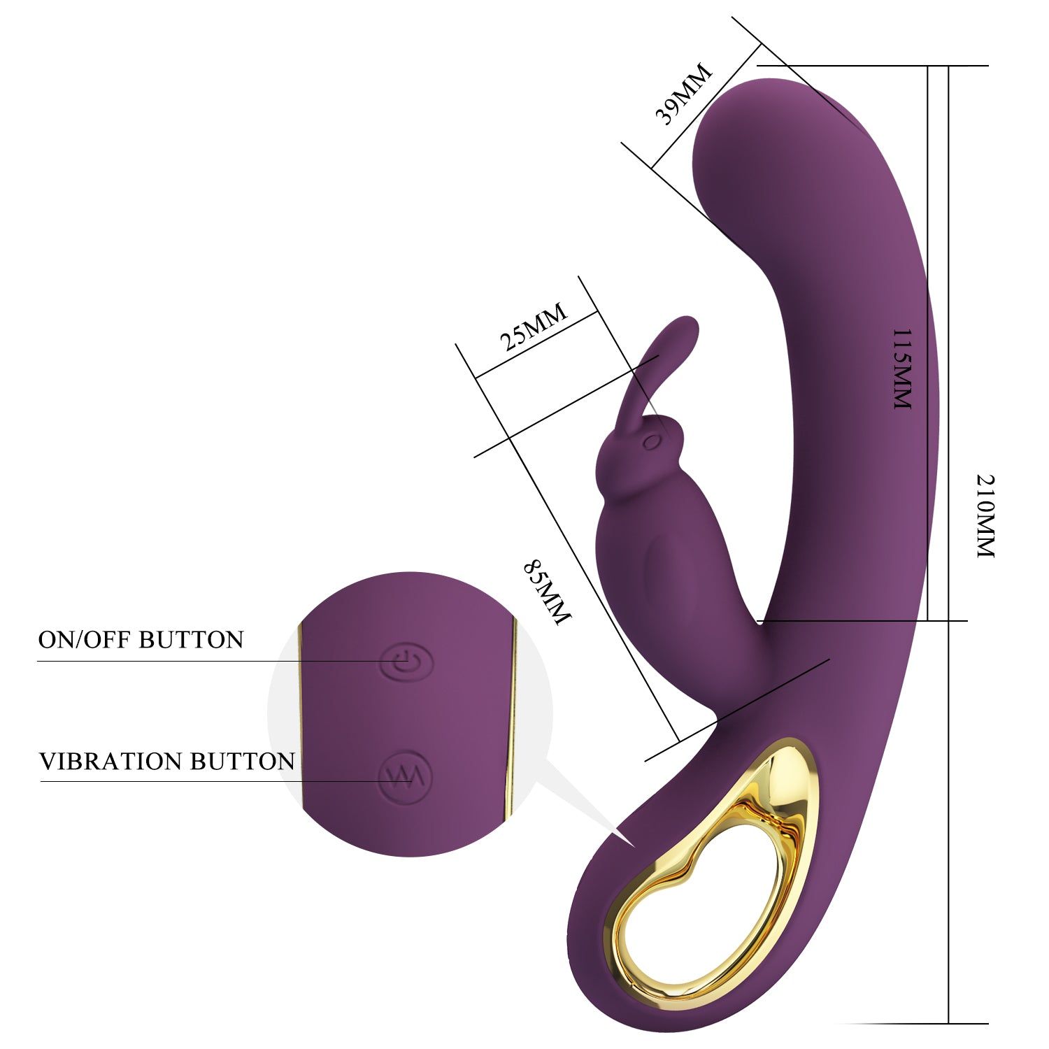 Vibratore viola con design a orecchie di coniglio. Dimensioni: 210mm altezza, 115mm larghezza, 39mm.