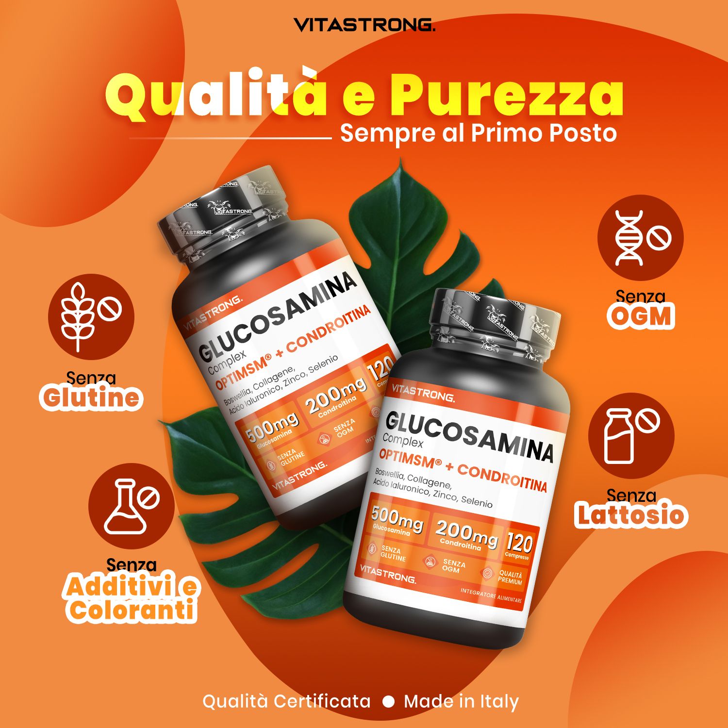 Due flaconi di Vitastrong Glucosamine Complex. Testo: Qualità e purezza. Senza glutine, senza OGM, senza lattosio.
