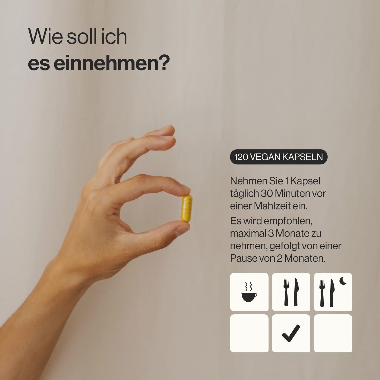 Mano che tiene una capsula gialla. Testo: 120 capsule vegane. Istruzioni per l'assunzione con simboli.