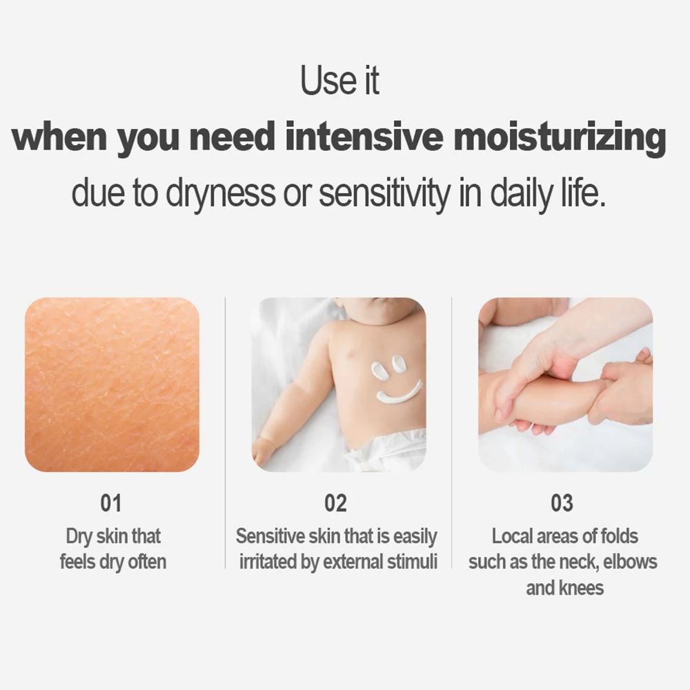 Testo con aree di applicazione: pelle secca, pelle sensibile, pieghe cutanee. Immagini di pelle e bambino.