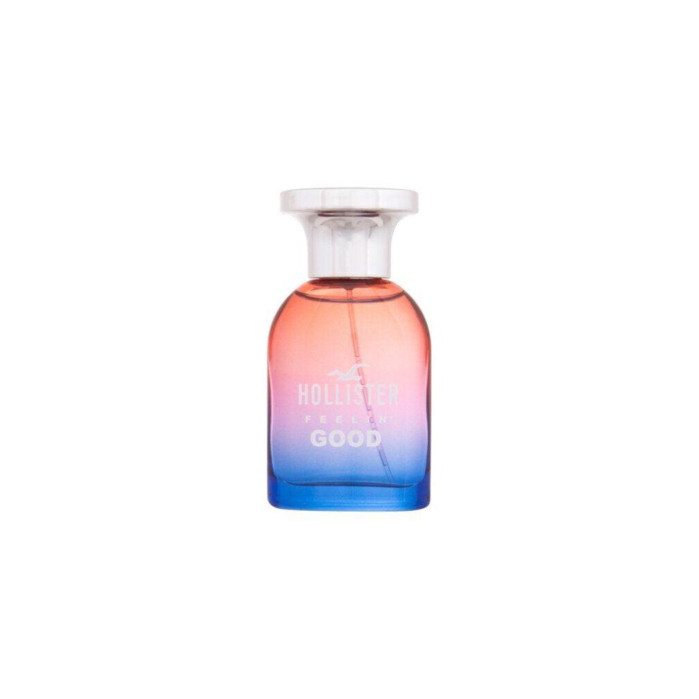 Flacone di profumo sfumato arancione-blu. Tappo trasparente. Scritta: Hollister Feelin' Good.