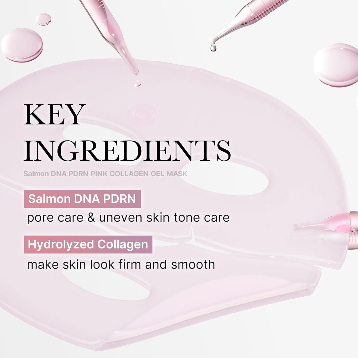 Maschera in gel rosa con ingredienti. Scritta: Key Ingredients, Salmon DNA PDRN, pore care & uneven skin tone care, Hydrolyzed Collagen.
