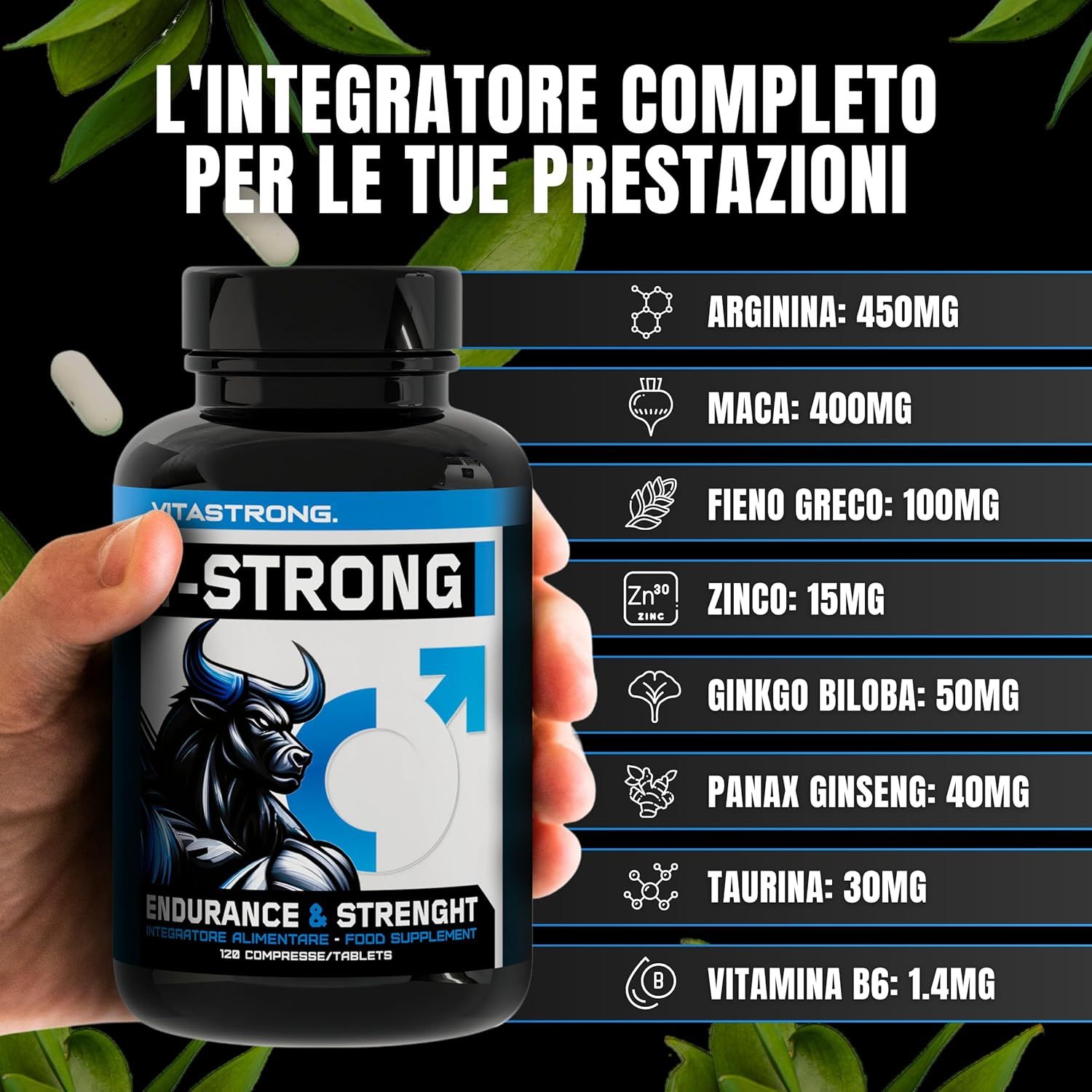 Flacone di prodotto con compresse. Contiene arginina, maca, fieno greco, zinco, ginkgo biloba, ginseng, taurina, vitamina B6.