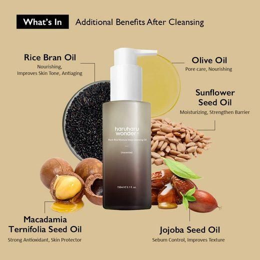 Flacone con dosatore e ingredienti. Testo: Rice Bran Oil, Olive Oil, Sunflower Seed Oil, Macadamia Ternifolia Seed Oil, Jojoba Seed Oil.