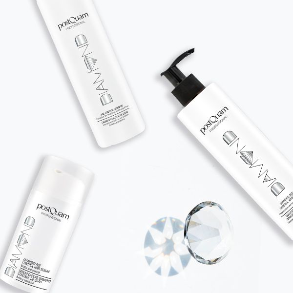 Tre flaconi di shampoo e un diamante. Scritta: DIAMOND, PostQuam Professional. Diverse confezioni.