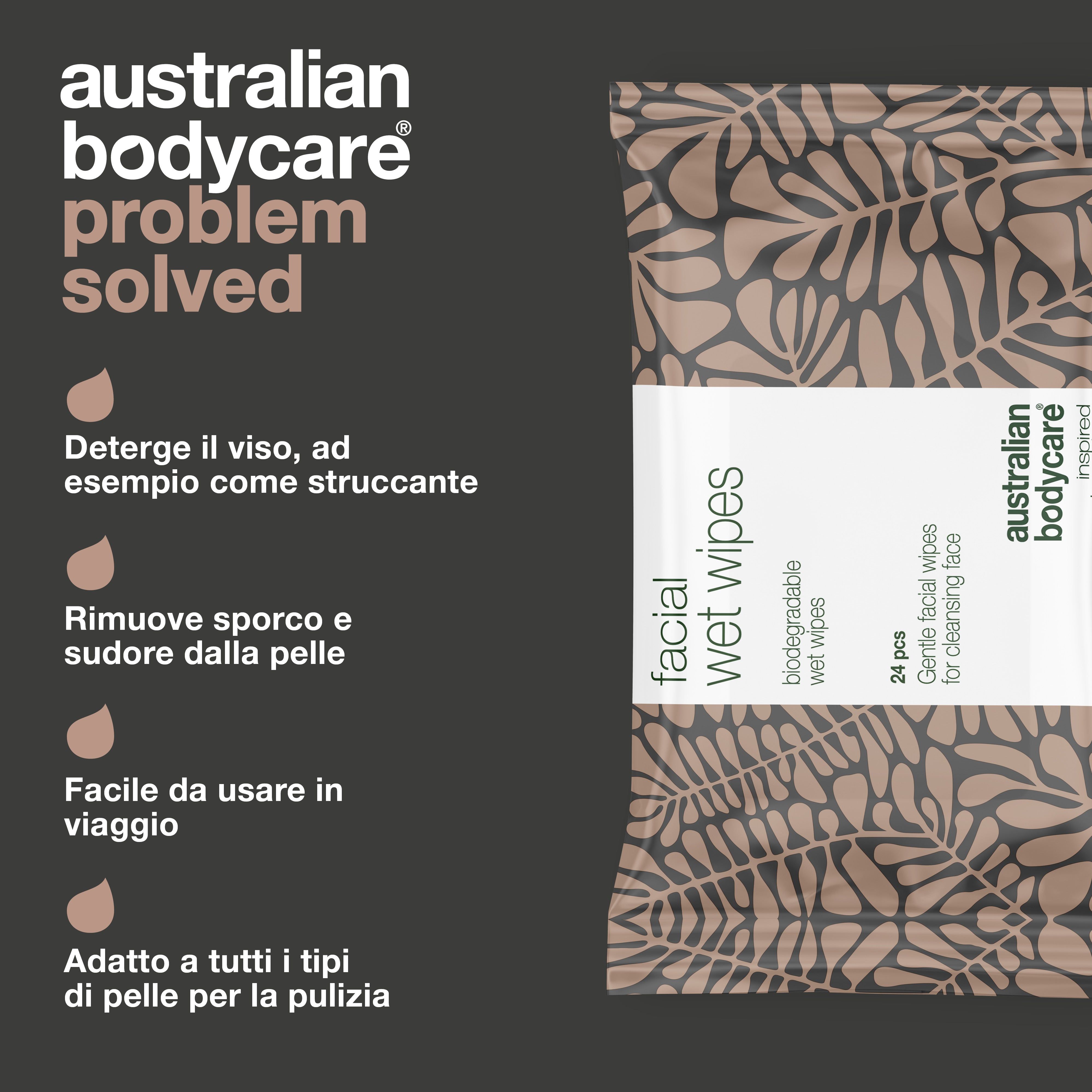 Confezione salviettine. Testo: Australian Bodycare, Facial Wet Wipes, 24 pezzi. Vantaggi: pulisce, rimuove lo sporco, pratico in viaggio.