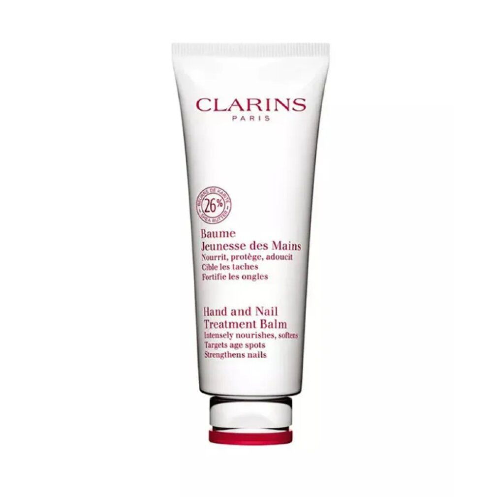 Tubo bianco con tappo rosso. Testo: Clarins, Baume Jeunesse des Mains, Hand and Nail Treatment Balm. Grafica rotonda con 26%.