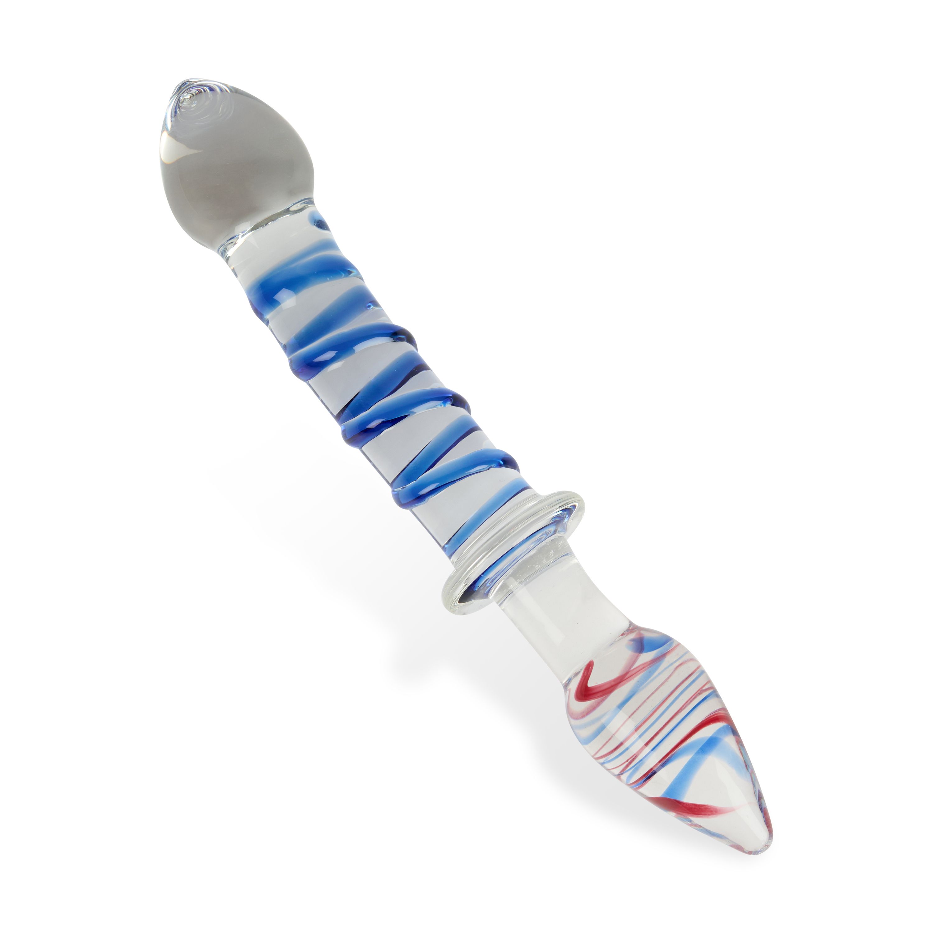 Stimolatore anale in vetro, spirale blu e bianca, accenti rossi. Vetro trasparente, estremità arrotondate. Dettaglio.