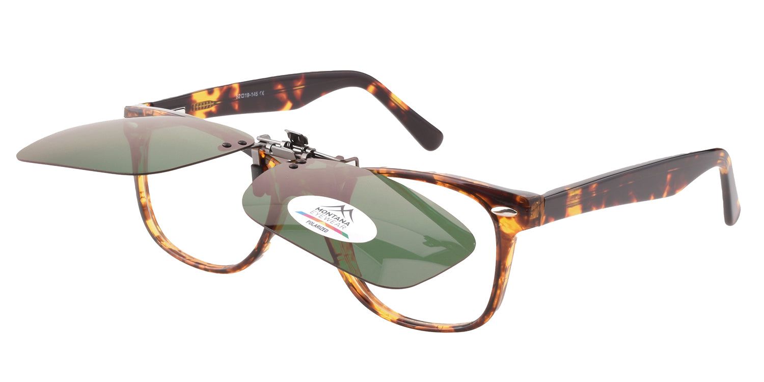 Occhiali da sole con clip-on. Montatura tartarugata. Logo "MONTANA EYEWEAR POLARIZED".