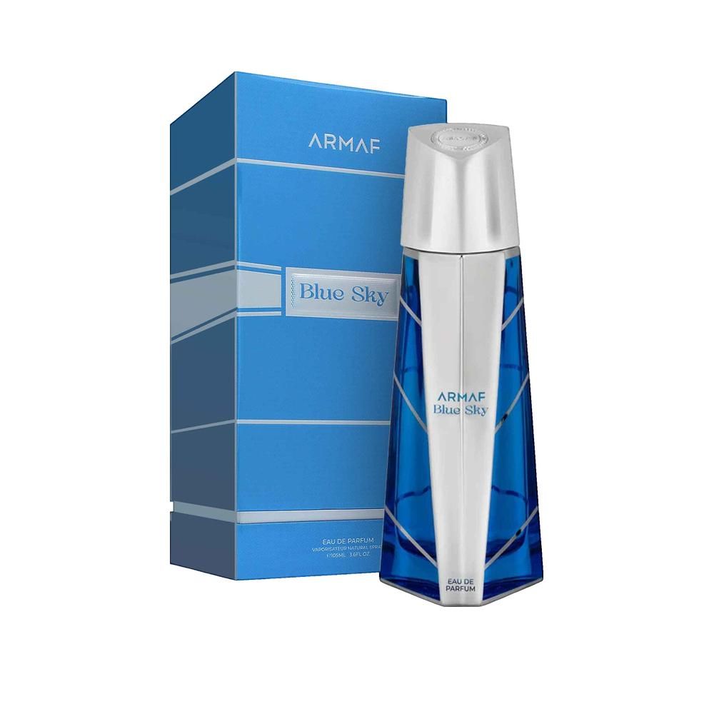 Flacone e confezione blu. Flacone con tappo argentato. Confezione con motivo a strisce blu. Testo: Armaf, Blue Sky.
