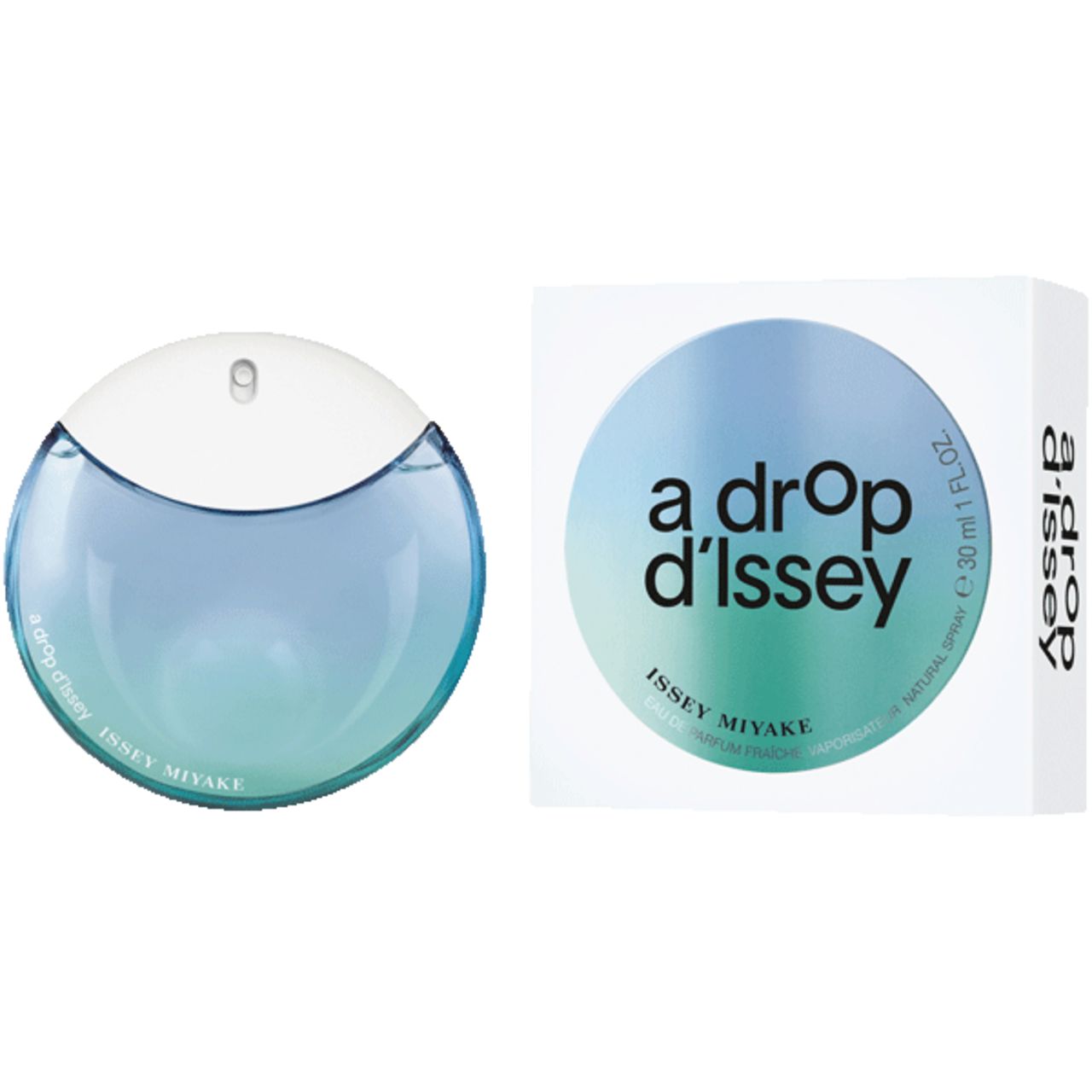 Flacone rotondo e confezione. Flacone: tappo bianco, liquido blu-verde. Confezione: bianca, scritta a drop d'Issey, Issey Miyake.