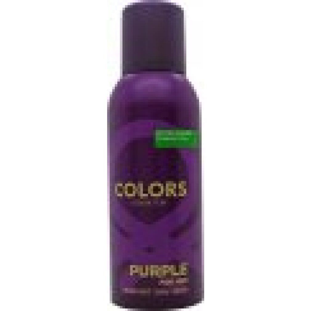 Flacone spray deodorante viola. Scritte: "COLORS", "PURPLE FOR HER", "United Colors of Benetton".