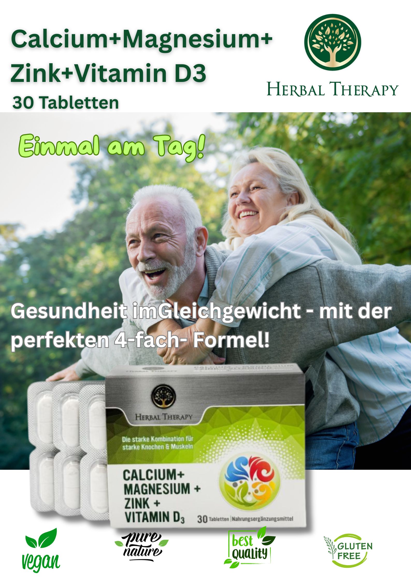 Immagine pubblicitaria con prodotto e anziani. Prodotto: Calcio, Magnesio, Zinco, Vitamina D3. Logo: Herbal Therapy. 30 compresse. Senza glutine.