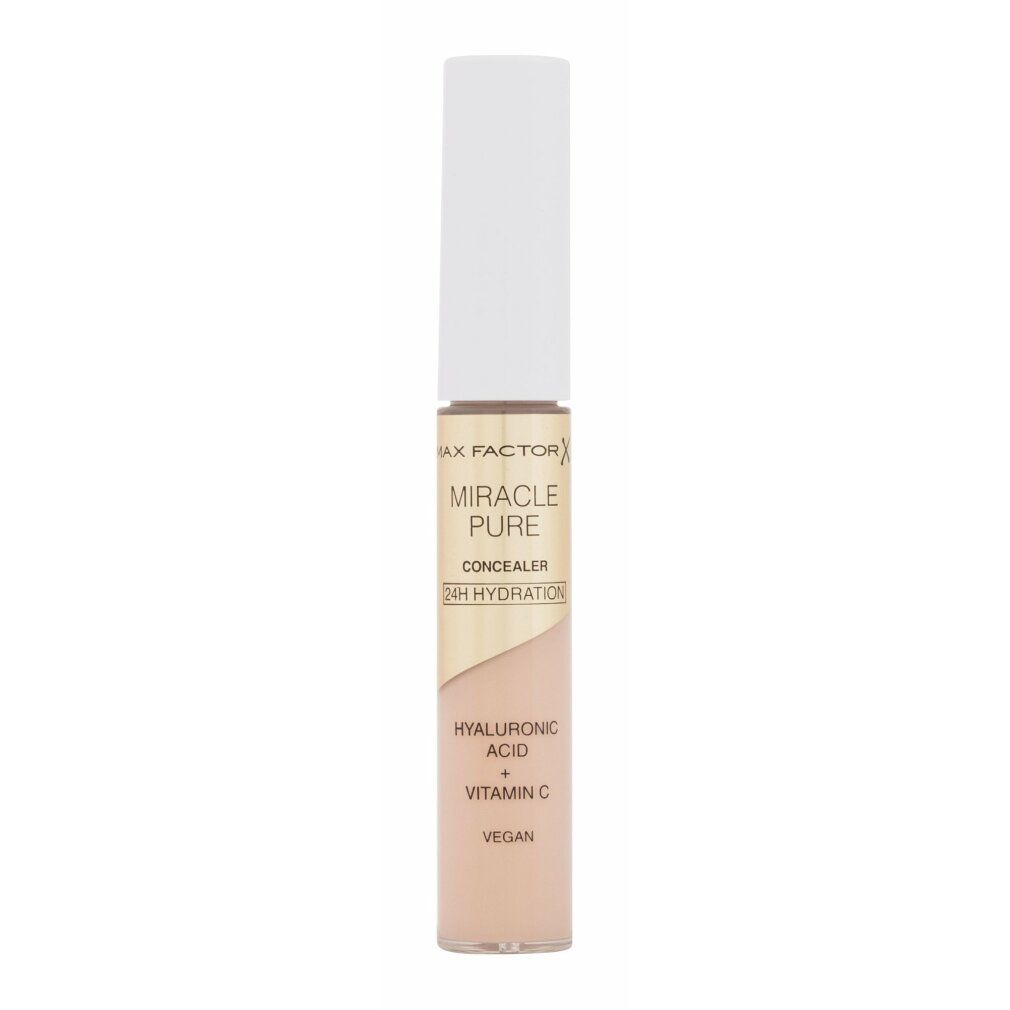 Flacone di correttore con tappo bianco. Tappo dorato, contenitore trasparente. Scritta: Miracle Pure Concealer, acido ialuronico, vitamina C, Vegan.