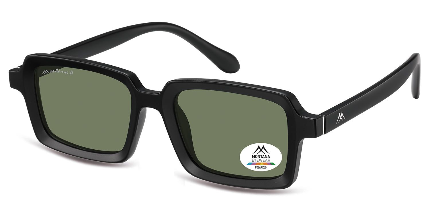 Occhiali da sole neri, lenti rettangolari verdi. Logo Montana Eyewear e sigillo polarizzato.