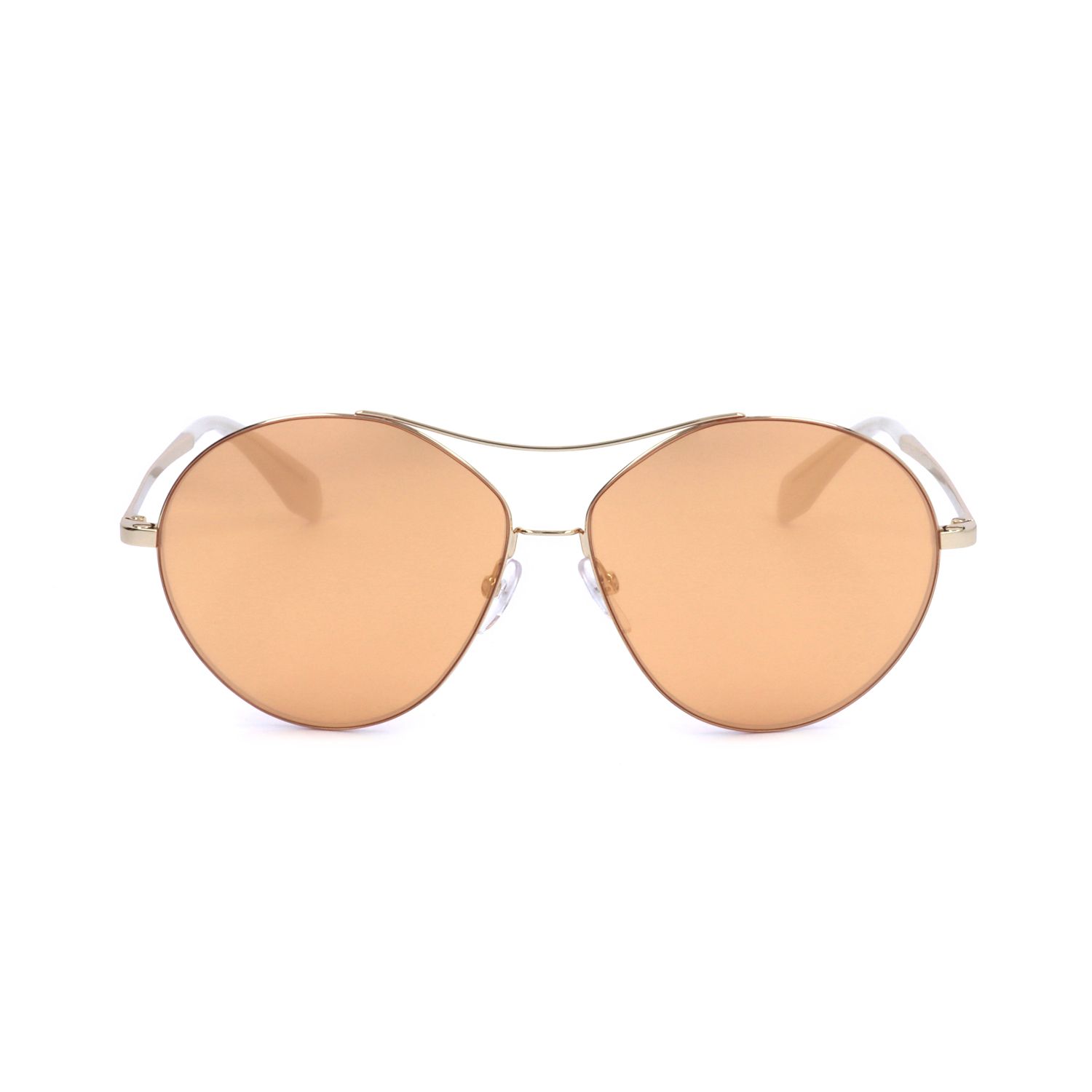 Occhiali da sole a goccia con montatura in metallo dorato e lenti arancioni.