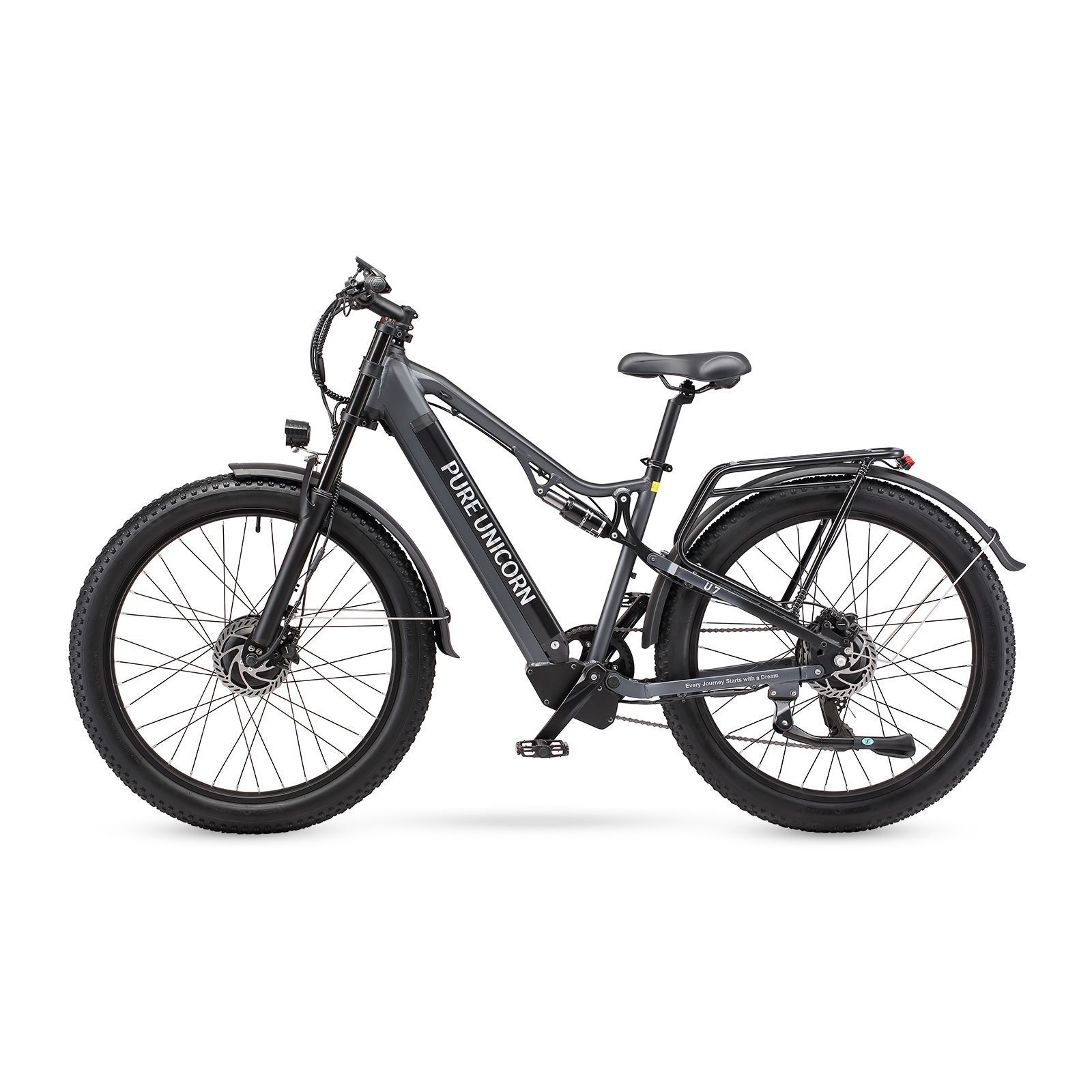 Mountain bike elettrica Pure Unicorn U7 nero. Vista laterale, pneumatici larghi, portapacchi e scritta Pure Unicorn.