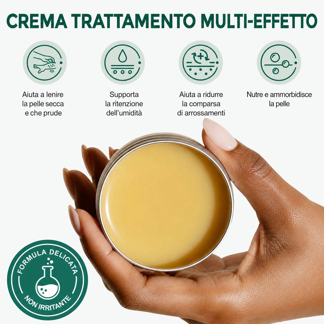 Mano che tiene un barattolo di balsamo aperto. Quattro icone: pelle secca, idratazione, arrossamenti, pelle morbida. Testo: Crema multi-effetto.