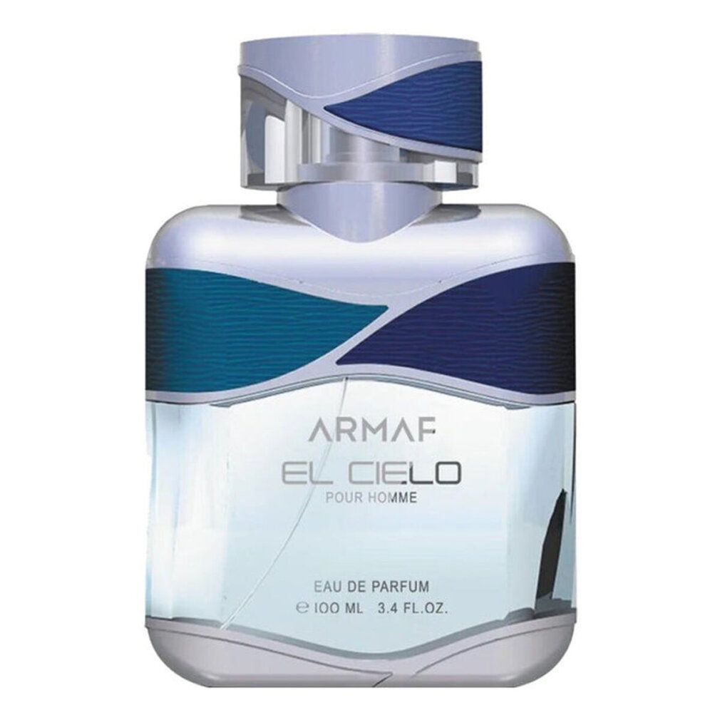 Flacone di profumo con decorazione blu-turchese e tappo argentato. Scritta: ARMAF EL CIELO POUR HOMME. Eau de Parfum.