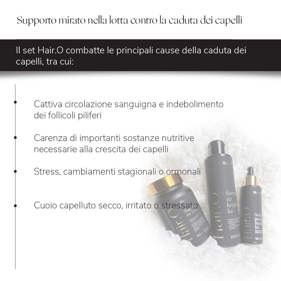 Testo: Hair.O Set combatte le cause della caduta dei capelli. Cattiva circolazione, mancanza di nutrienti, stress, cuoio capelluto.