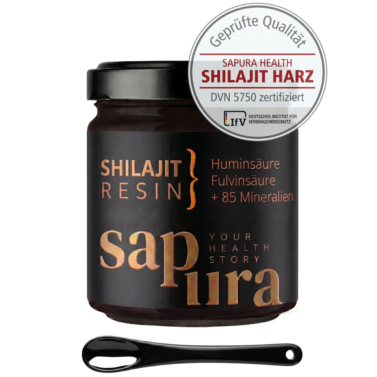 Shilajit Resin in barattolo con cucchiaino dosatore e sigillo 'Qualità testata'.