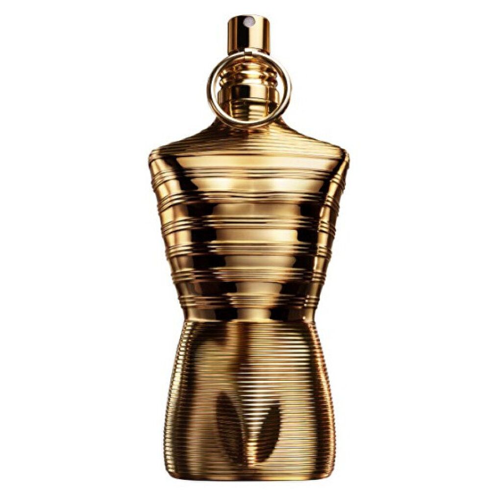 Flacone dorato a forma di torso, anello sul vaporizzatore.