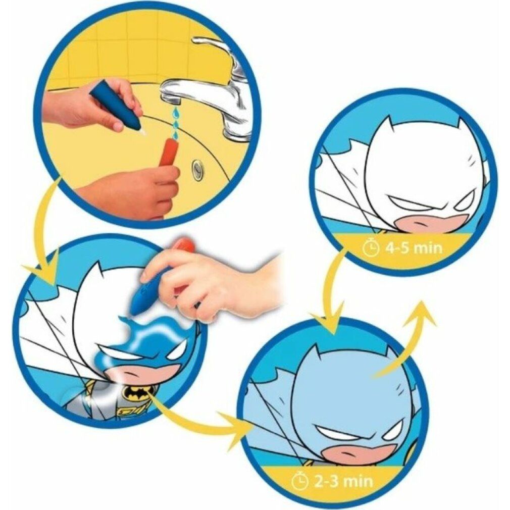 Illustrazioni mostrano l'uso di una penna ad acqua su un puzzle. Motivo Batman, cambio colore con l'acqua.