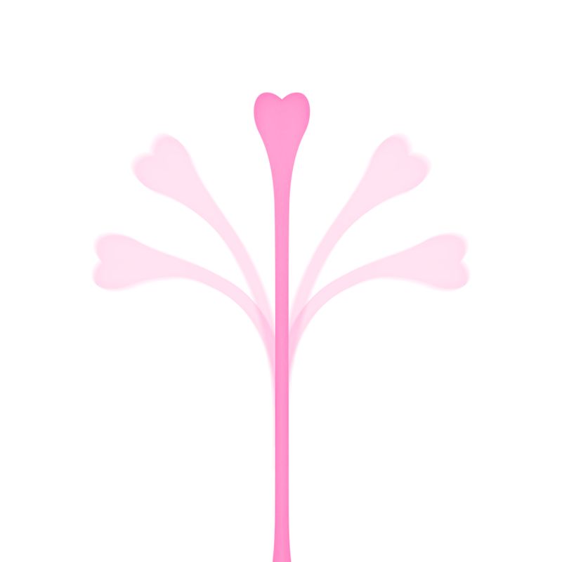 Cinque uova di Kegel rosa. Ogni uovo ha una punta a forma di cuore e una forma allungata.