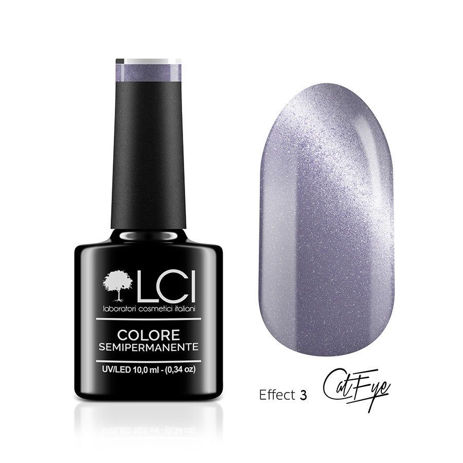 Flacone di smalto con campione colore. Scritta: LCI, Colore Semipermanente, UVLED. Tonalità: CAT 11, Effetto 3 Cat Eye.