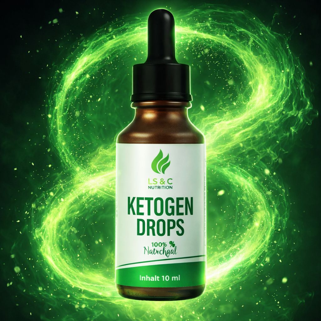 Flacone marrone con tappo nero. Scritta: LS & C Nutrition, Ketogen Drops, 100% Natural. Contenuto 10 ml.