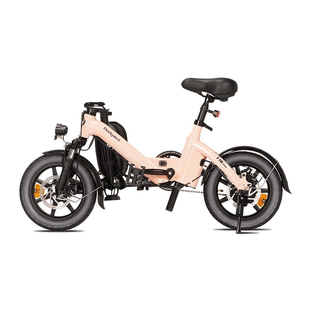 E-bike pieghevole rosa. Pneumatici, sella e parafanghi neri. Marchio visibile: Bodywel, modello: T16 Pro.