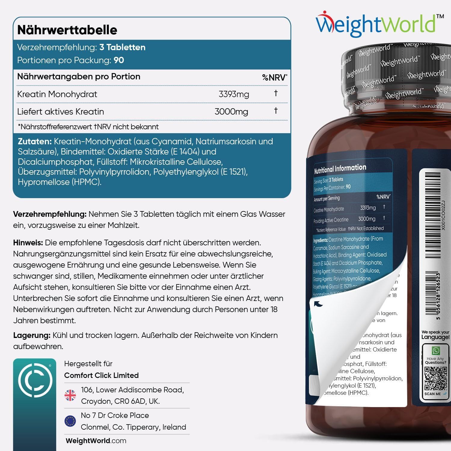 Tabella nutrizionale e flacone di compresse. Testo: Creatina Monoidrato. 3393mg. 3000mg di creatina attiva. Ingredienti. Produttore.