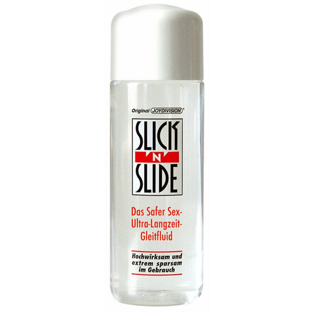 Flacone trasparente con tappo bianco. Scritta: Slick'N'Slide. Il fluido sessuale più sicuro e a lunga durata. Altamente efficace.