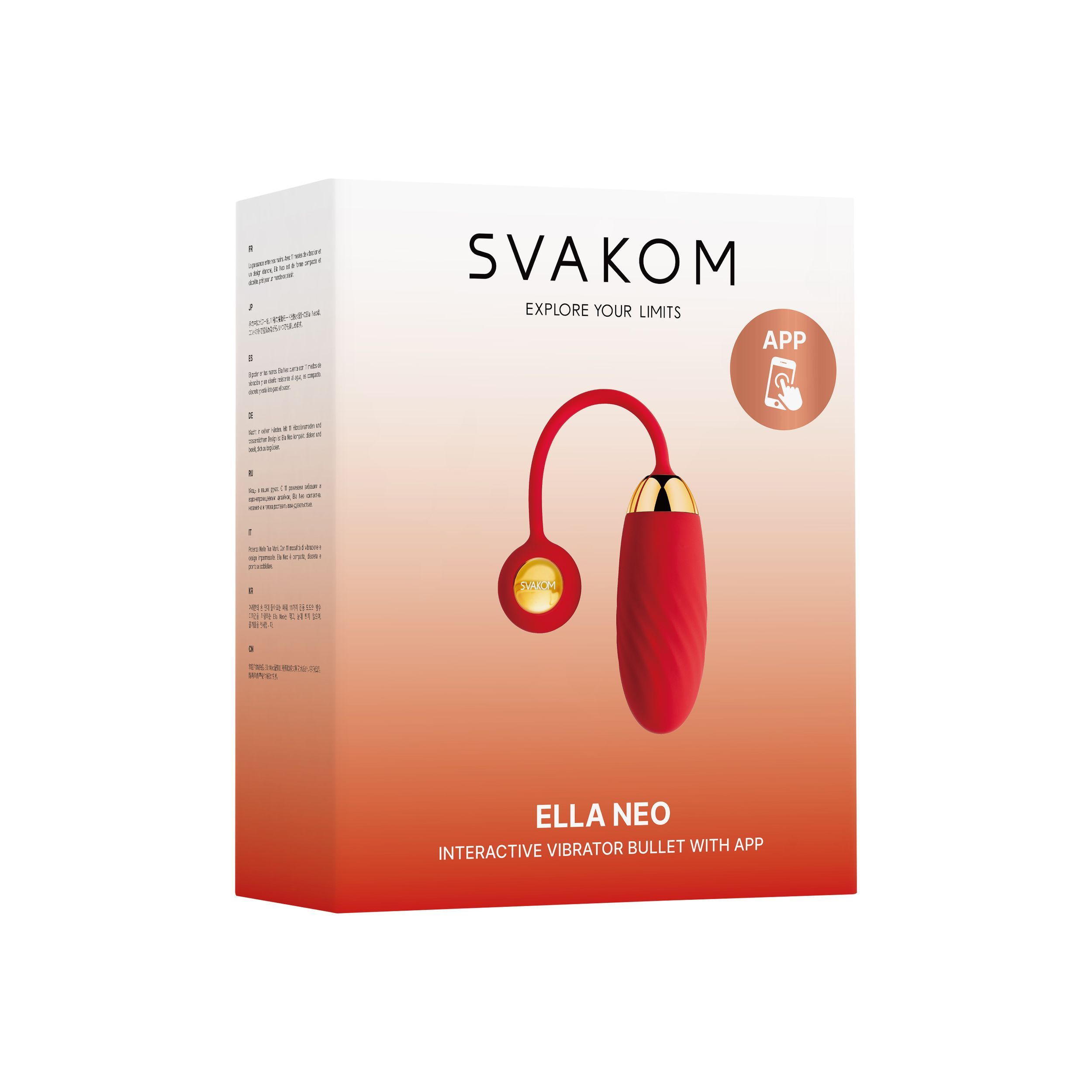 Confezione di SVAKOM Ella Neo. Prodotto e icona dell'app illustrati. Testo: Interactive Vibrator Bullet with App.