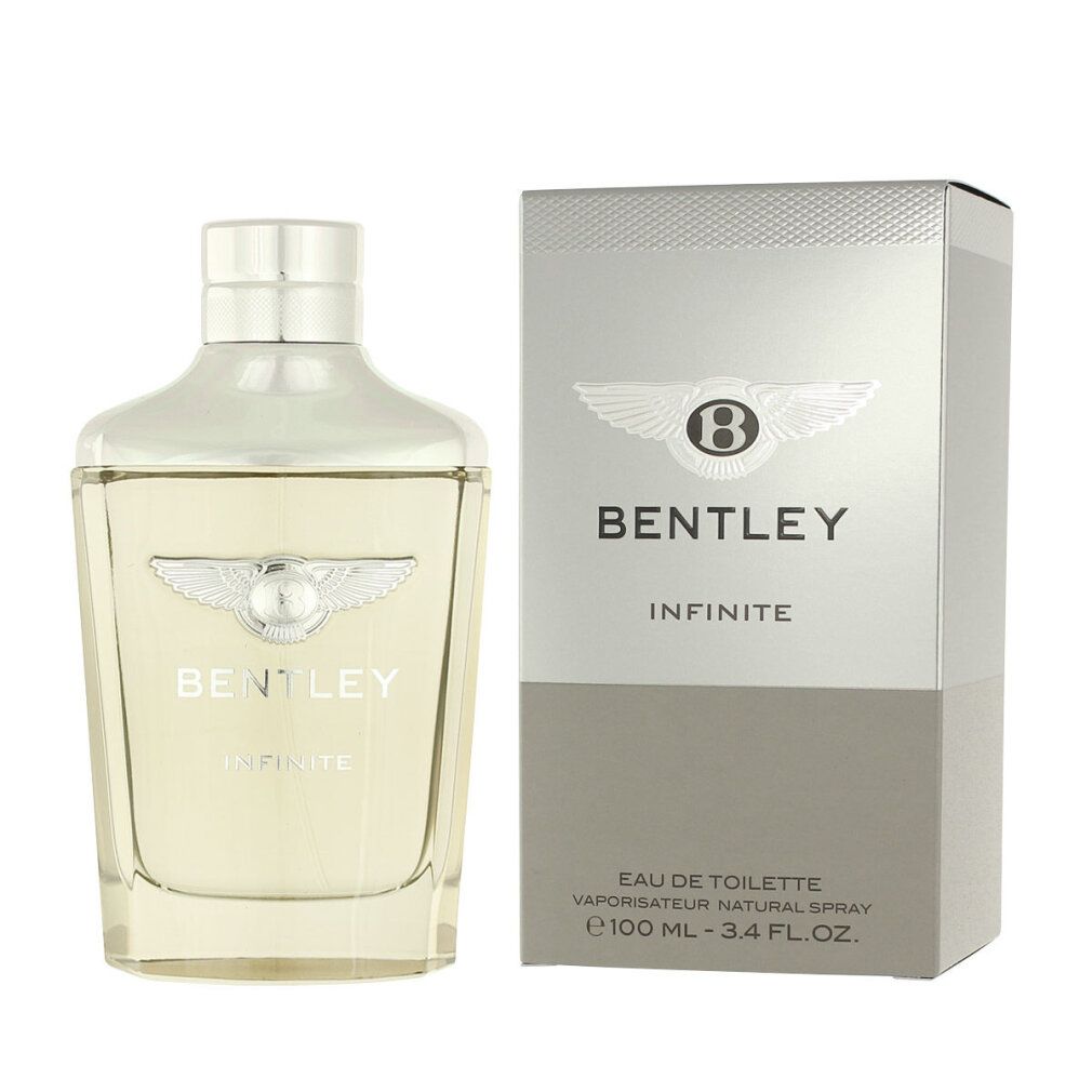 Bentley Infinite Eau de Toilette Spray e confezione. Flacone e scatola. Flacone con tappo argentato e logo Bentley. Scatola con logo.