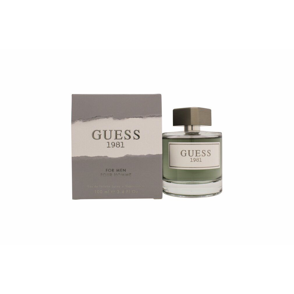 Flacone di profumo e confezione. Scritta: GUESS 1981. Flacone con tappo argentato. Liquido verde. Confezione rettangolare.