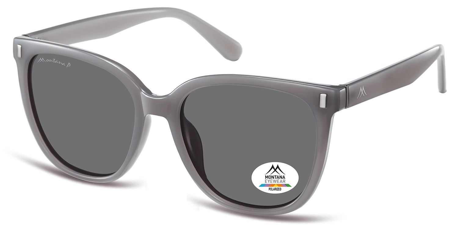Occhiali da sole grigi con lenti scure. Logo Montana Eyewear sulla montatura. Adesivo polarizzato sulla lente.