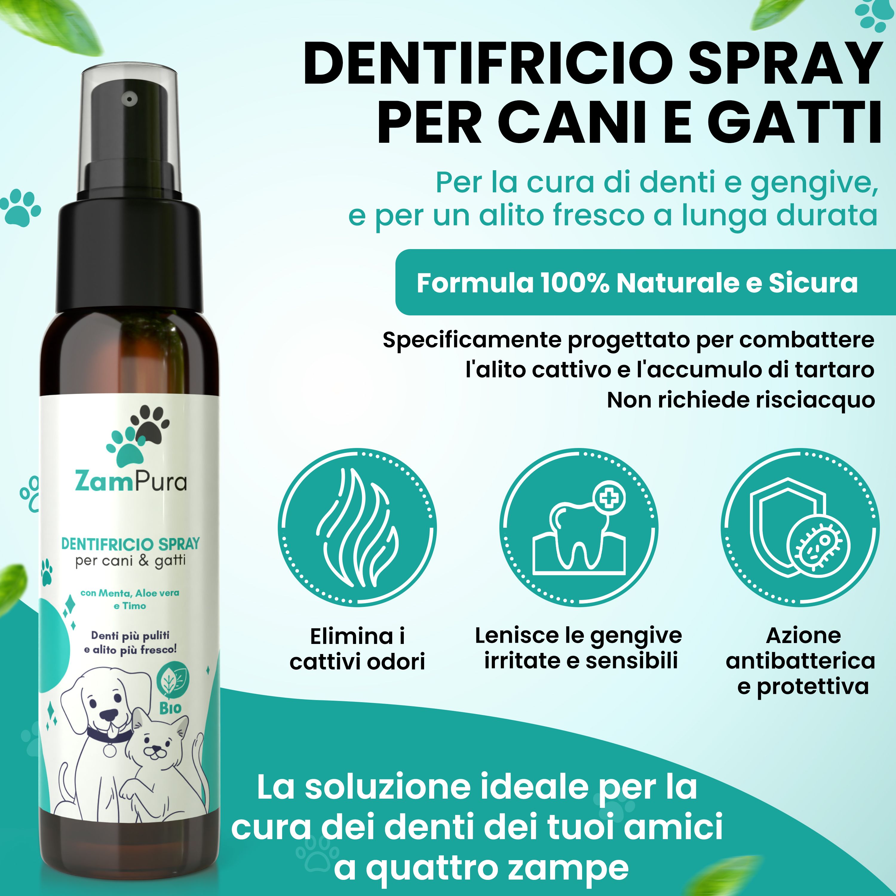 ZamPura Dentifricio Spray per Cani e Gatti – Igiene Orale, Alito Fresco, Anti-Tartaro