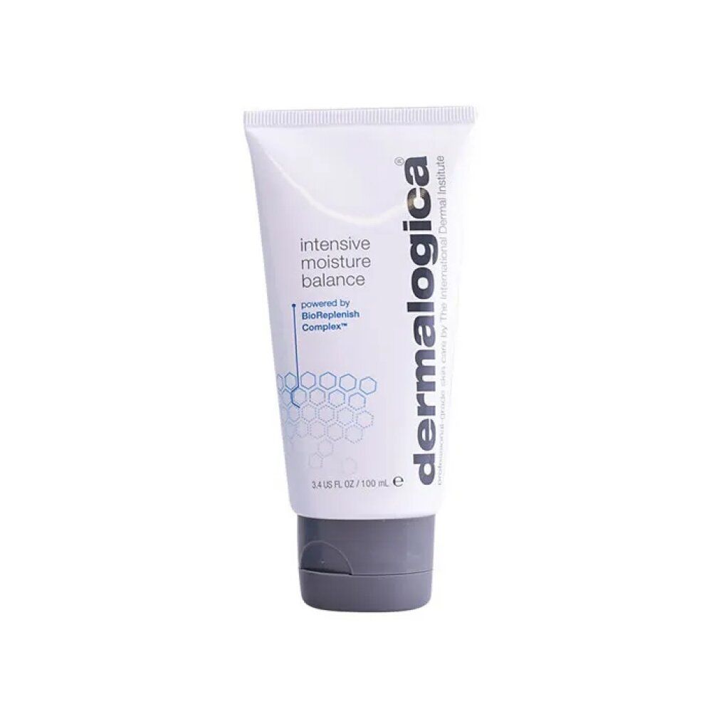 Tubo bianco con tappo grigio. Scritta: intensive moisture balance, Dermalogica. 3.4 US FL OZ / 100 mL.