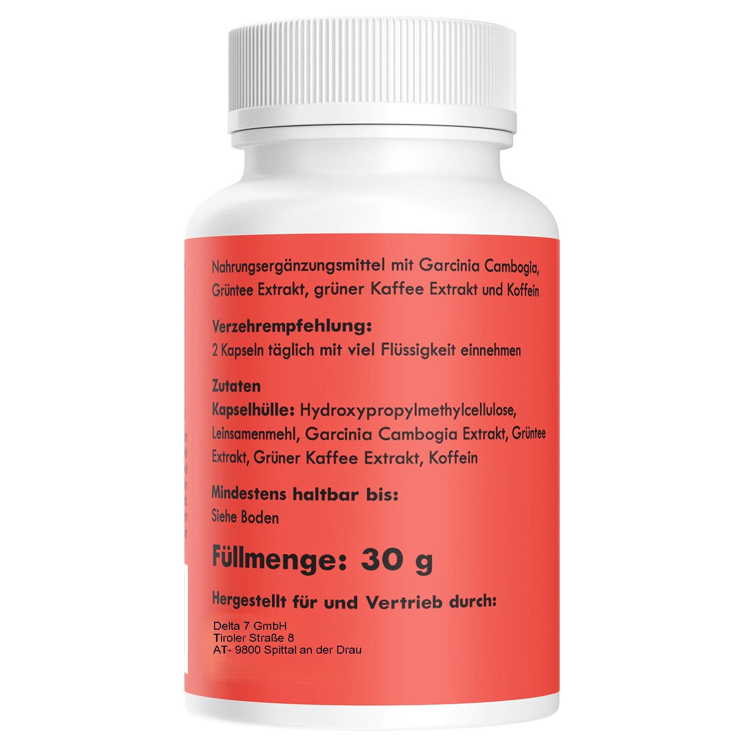 Etichetta rossa con testo. Integratore alimentare con Garcinia Cambogia, estratto di tè verde, estratto di caffè verde e caffeina. 30 g.