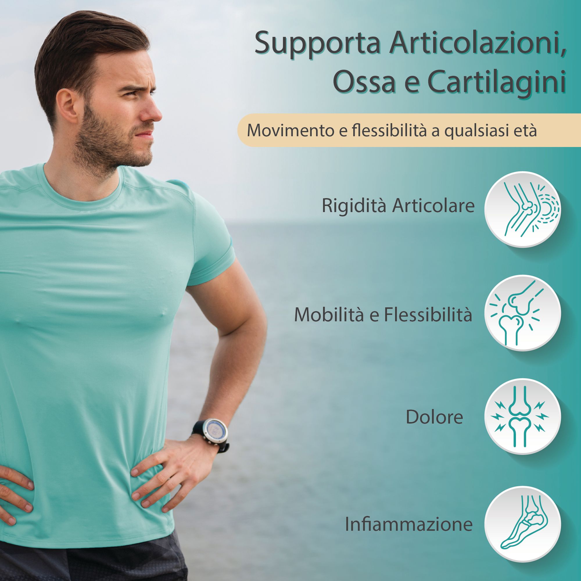 Uomo in abbigliamento sportivo. Testo: Supporta articolazioni, ossa e cartilagini. Grafici su rigidità articolare, mobilità, dolore e infiammazione.