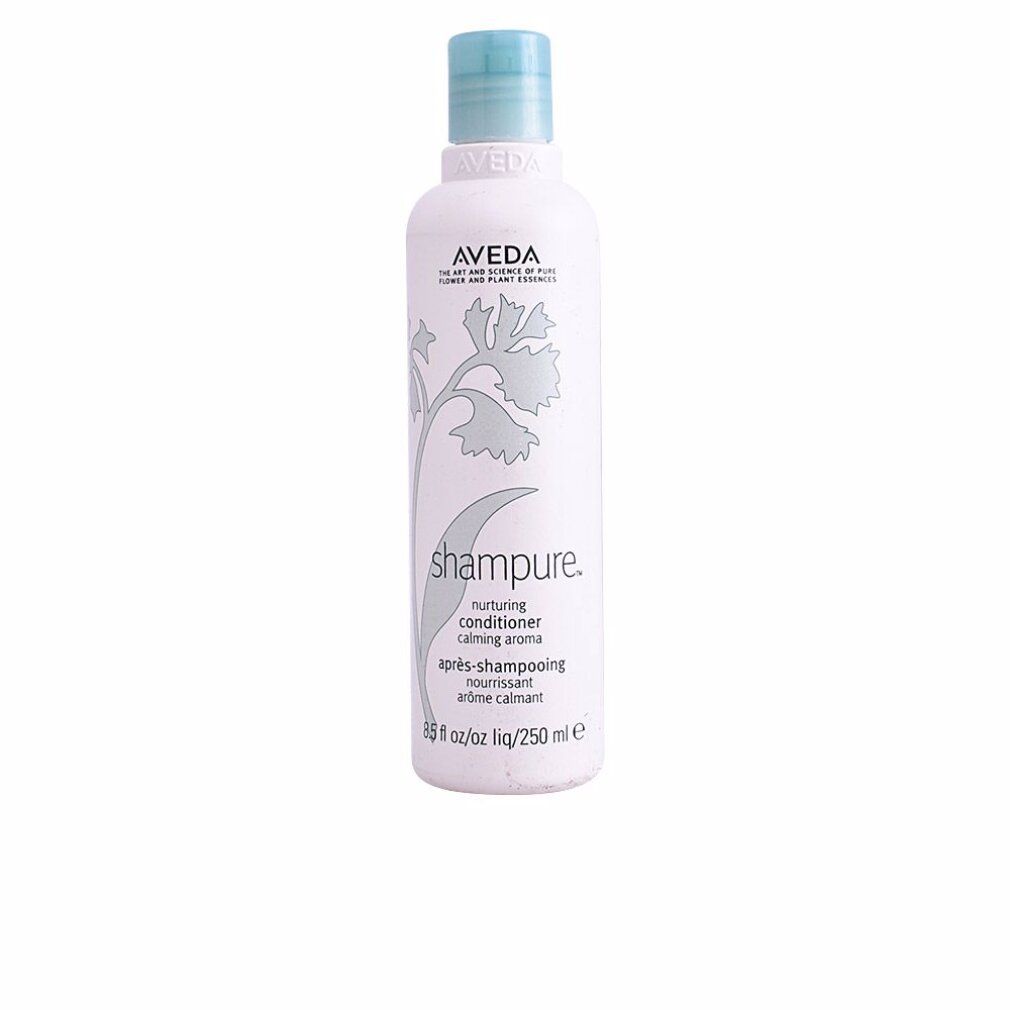 Flacone bianco con tappo blu. Scritta Aveda, Shampure, Nurturing Conditioner. Design floreale.