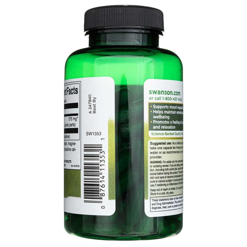 Retro della capsula verde: Supplement Facts, St. John's Wort 375 mg, 120 capsule.
