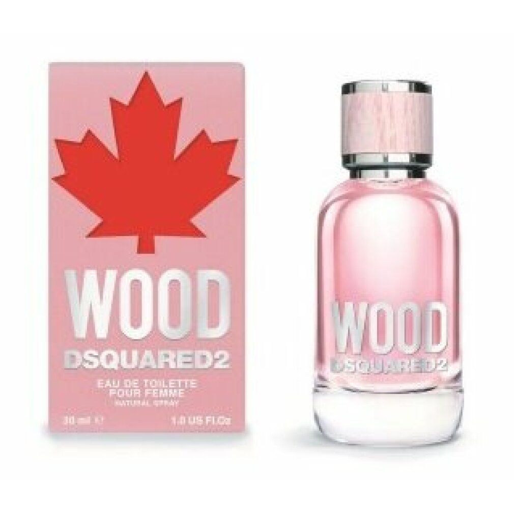 Scatola rosa con foglia d'acero rossa e scritta WOOD DSQUARED2. Flacone accanto. 30 ml, 1.0 US Fl.Oz.