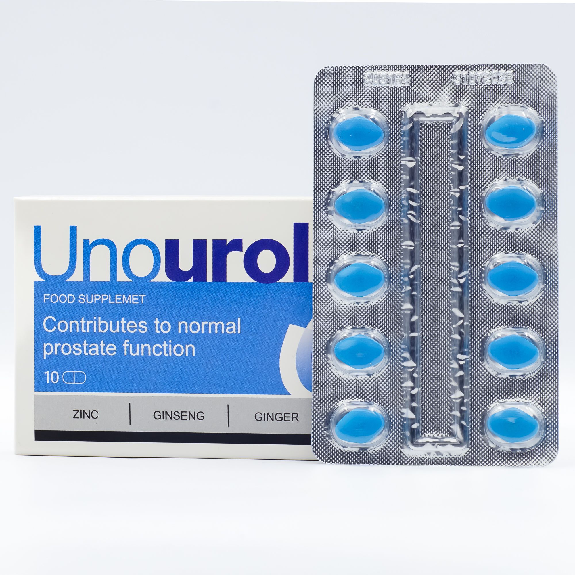Scatola e blister con capsule blu. Scritta: Unourol, integratore per la funzione prostatica. Contiene 10 capsule.