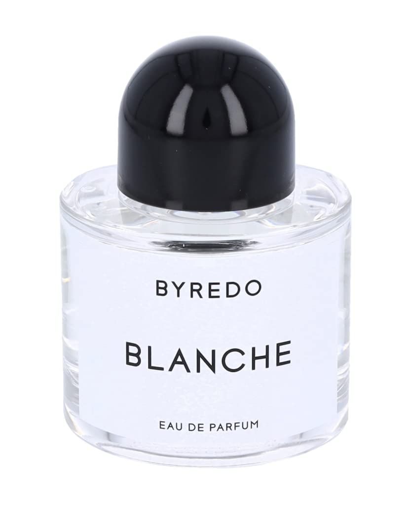Flacone in vetro con tappo nero. Etichetta "BYREDO BLANCHE Eau de Parfum".